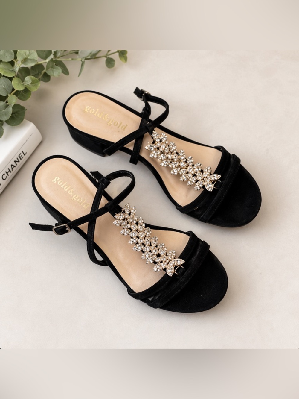 Chic Black Sandals with Crystal Accents
